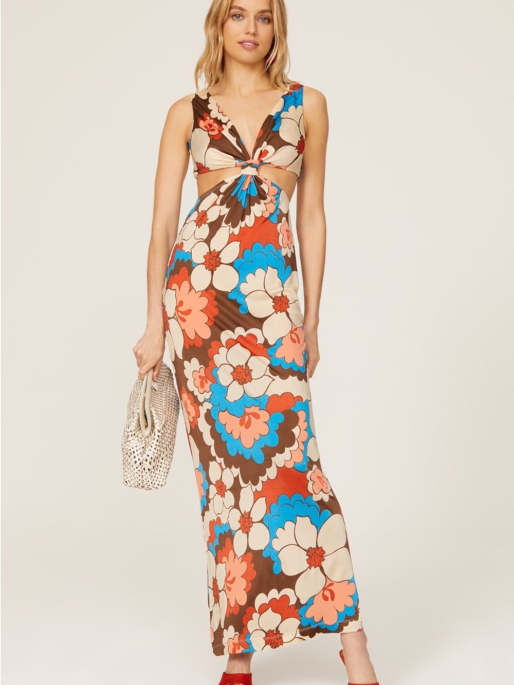 Ronny Kobo Collection Floral Cutout Maxi Dress in Brown, Blue and Cream